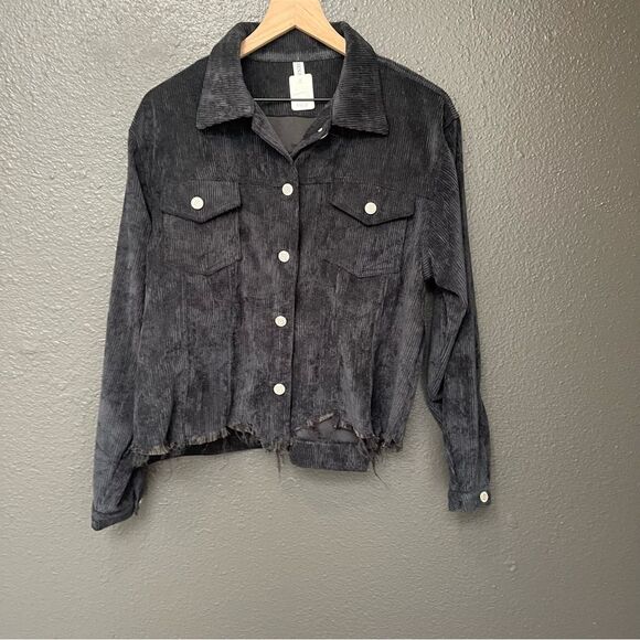 ZENANA DAYNA CORDUROY CROPPED JACKET LARGE Black - Picture 4 of 16